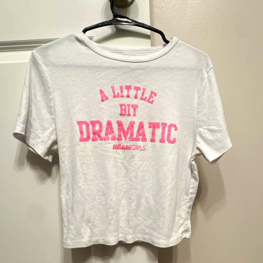 Mean Girls Women's White/Pink Graphic Tee "A Little Bit Dramatic" Crew Neck L